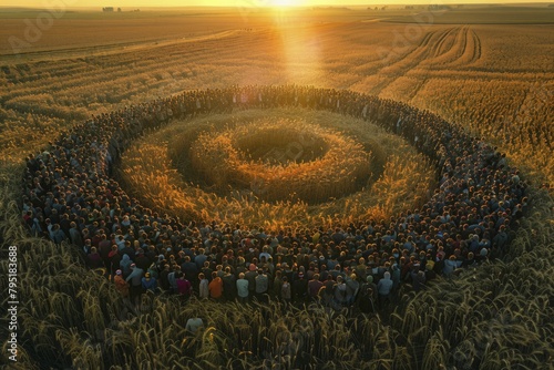 Photo capturing the aftermath of a crop circle formation, shocked and curious crowd at dawn, aerial perspective. photo