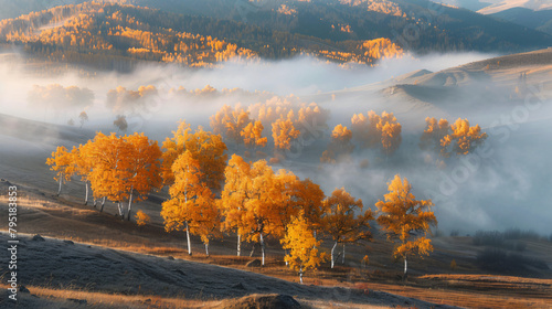 Yellow autumn trees on the hills in morning fog at sun