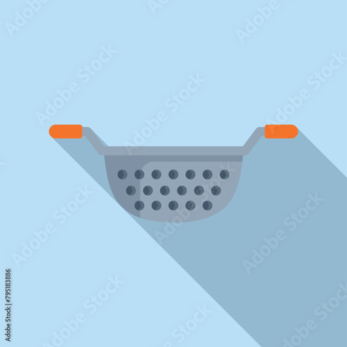 Metallic colander tool icon flat vector. Cooking kit. Handle metallic tool