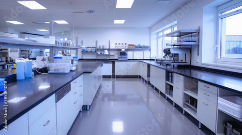 A clean and sterile laboratory with a lot of counter space and shelves
