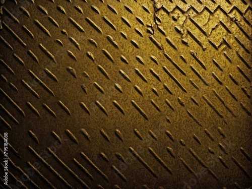 Close-up view of textured surface, likely metal, with pattern of raised diamond shapes, indented lines creating non-slip industrial flooring, tread plate. Lighting casts shadows accentuating texture. photo