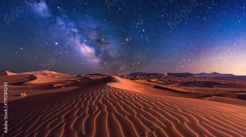 Scenic view of a sandy desert under a starry sky at night. The tranquil desert landscape is illuminated by the shimmering stars above  creating a mesmerizing and peaceful scene