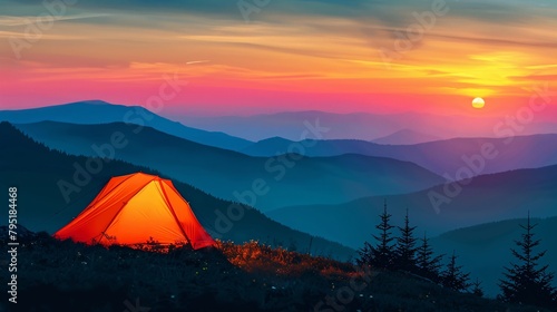 Camping in the mountains at sunset. Beautiful summer landscape with yellow tent.
