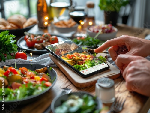 A person is using a cell phone to look at a picture of a table full of food. The table is set with a variety of dishes, including a salad, a bowl of soup, and a plate of bread