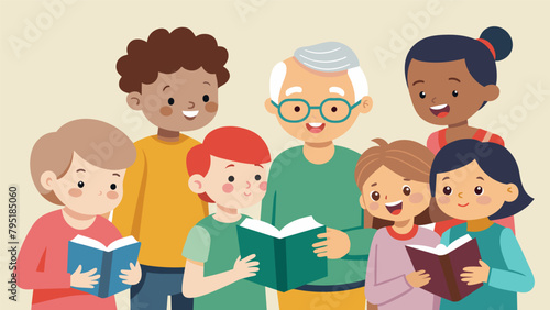 A group of children visiting a senior center reading books to the elderly and happily chatting with them spreading cheer and companionship.