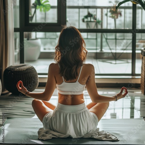 Young beautiful woman doing yoga or meditating at home. International Yoga Day.