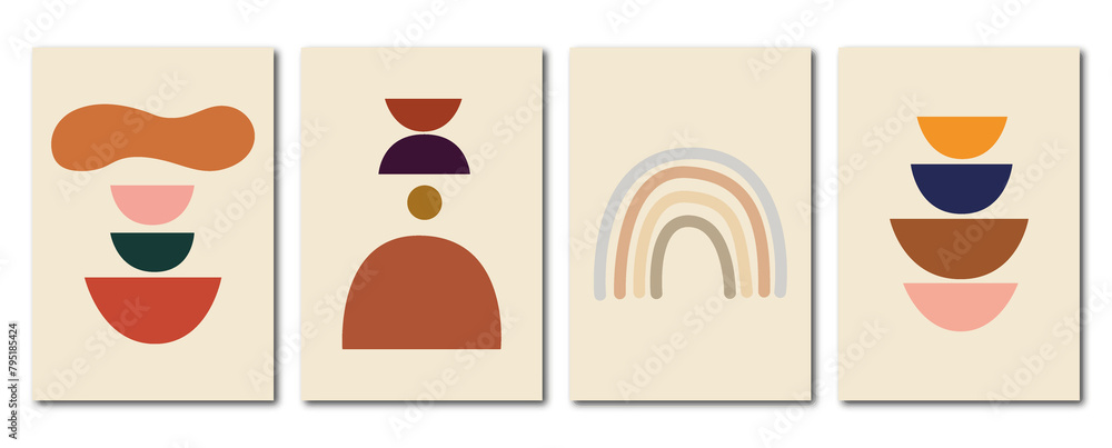 Flat abstract posters. Minimalist illustrations with shadow, geometric shapes, lines and pastel colors. In vintage style. Design for wall decoration, cardboard, poster or brochure...