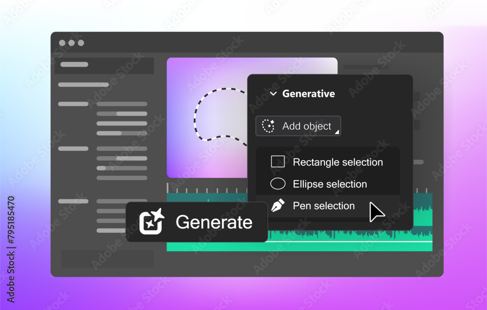 New AI Generative features in Video Editor. Object Selection Tool. Generate button. Vector illustration. 