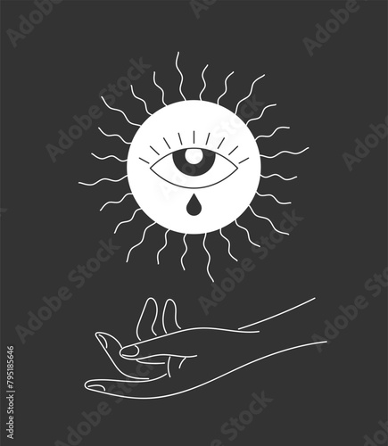 Esoteric celestial eye in summer solstice sun sign levitate over woman hand. Spirituality equinox holiday linear symbol. Mystic tattoo outline logo. Boho summertime style vector eps logotype