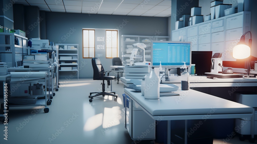3d rendering of modern medical laboratory with equipment and science experiments.