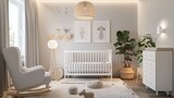 Cozy Scandinavian-style nursery with modern white furniture and soft lighting