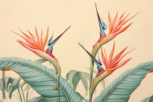 Vintage drawing of bird of paradise pattern flower tropics sketch.