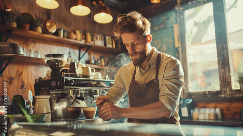 Barista making coffee at an automatic machine in a modern coffee shop. Handsome Barista man with apron preparing coffee for customer in his small business cafe