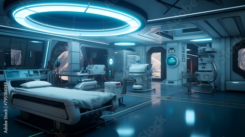3D rendering of a medical room with an emergency bed in the foreground