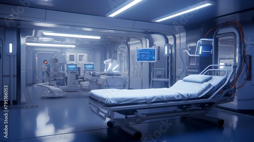 3D rendering of a medical room with an emergency bed in the foreground