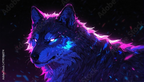portrait of purple holographic glowing neon wolf on dark background from Generative AI