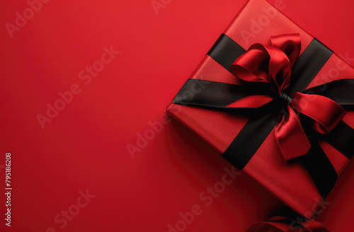 Black gift box with a red ribbon on the right side of the picture, red background, top view, banner design, space for text, flat lay.