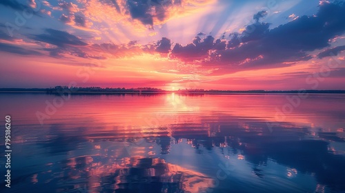 Beautiful sunset on the lake. Landscape with lake and sky.