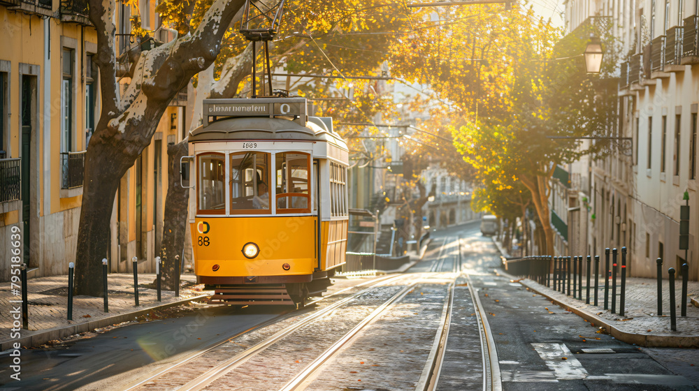 Yellow vintage tram on the street in Lisbon Portugal.