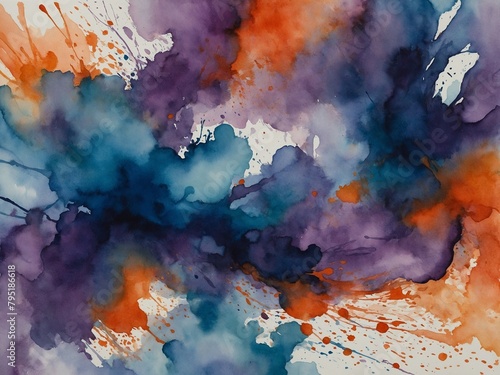 Vivid splashes, splatters of orange, purple, teal watercolor paint explode across white background. Colors blend, bleed into one another, creating sense of movement, energy.