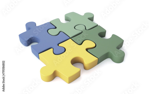 3D jigsaw puzzle piece metaphorically represents finding the right connection or solution to complete a business challenge through teamwork. on white background. Style 3D © generAte Ideas