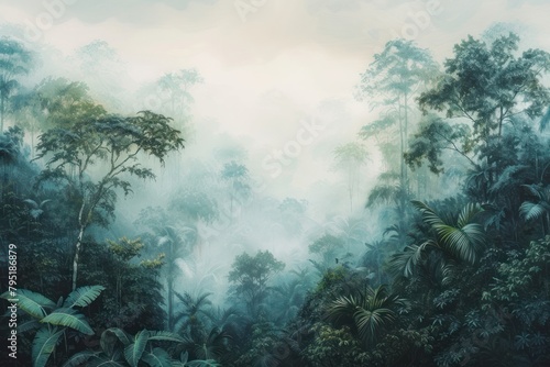 A beautiful morning mist rainforest nature tranquility backgrounds.