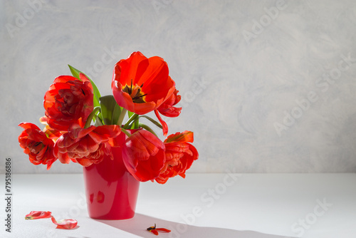 A bouquet of red tulips in a red vase on a light background. Copy space