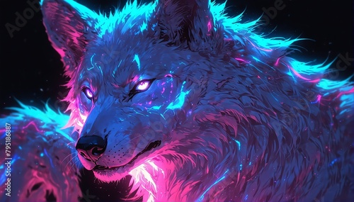 portrait of white holographic glowing neon wolf on dark background from Generative AI photo