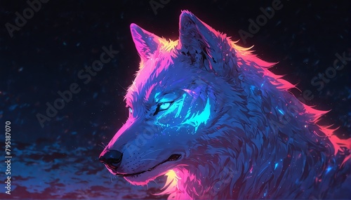 portrait of white holographic glowing neon wolf on dark background from Generative AI