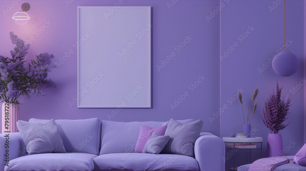 Purple living room interior with sofa, plants, and decorations in ...
