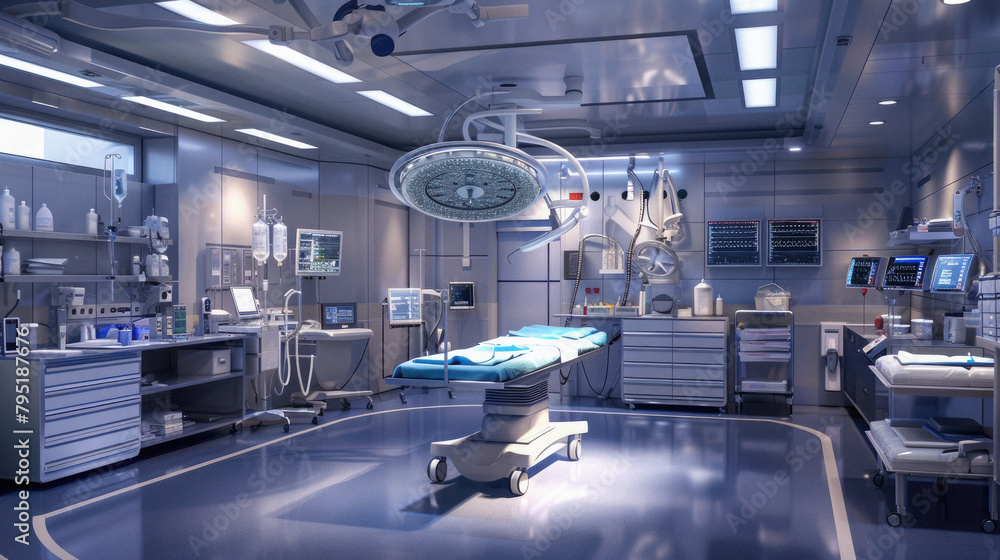 A hospital room with a blue bed and a large overhead light A hospital room with a blue bed and a large overhead light