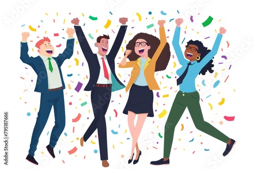 Group of happy business people celebrating success. Businessman and businesswoman standing with raised hands. Teamwork Concept with Copy Space. 