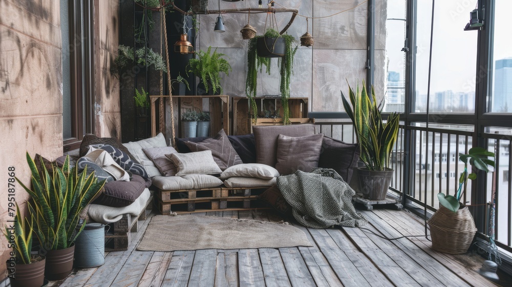 Fototapeta premium Cozy industrial-style balcony with lush plants and rustic furniture overlooking the city