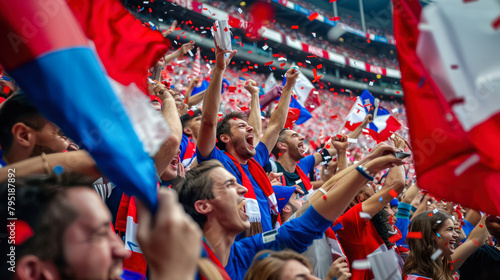 French football soccer fans in a stadium supporting the national team holding national flags. Crowd of Fans Shout Cheering For their Team to Win. Celebrate Scoring a Goal, Olympic games 2024 photo