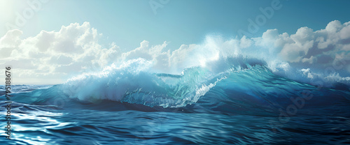waves and clouds, Blue ocean wave breaking in the ocean. 3D Rendering.