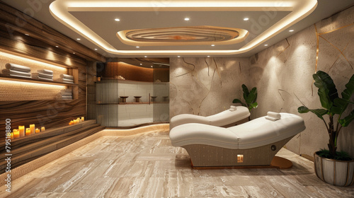 A spa room with two reclining massage beds and a potted plant