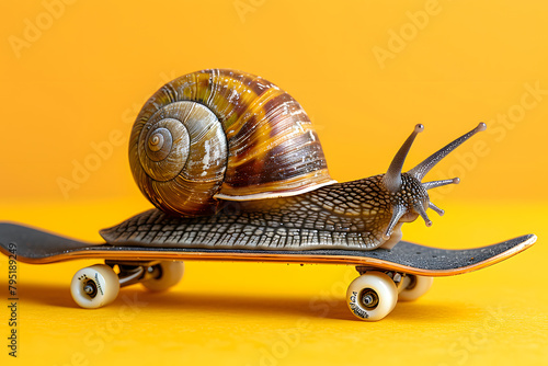 low snail riding a skateboard. Speed increase, reptile courier delivery, transportation, efficient fast movement, time-saving fast delivery  concept 