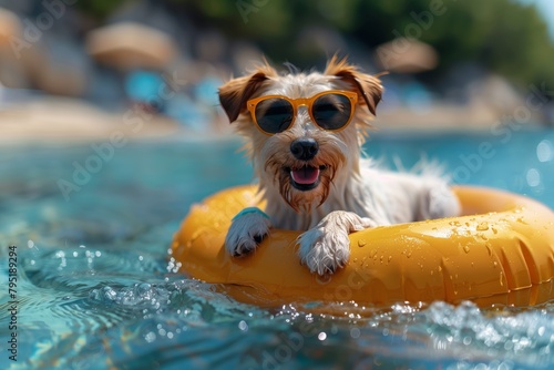 Happy Dog with Sunglasses Floating in Pool	
 photo