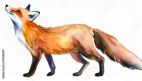 Watercolor Wild Animal Red Fox Looking Up Side View Hand Drawn Portrait Illustration
