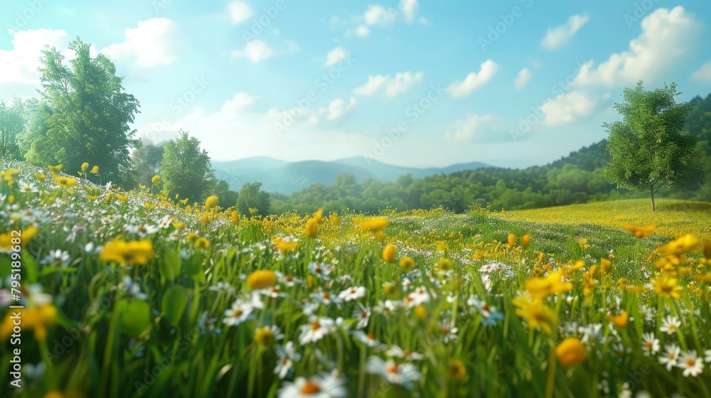 Fototapeta premium Field of colorful flowers with distant mountain view