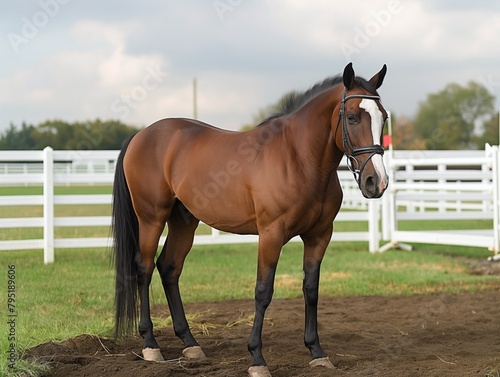 A brown horse standing in a dirt field with a white fence in the background. The horse is wearing a bridle and he is looking to the right