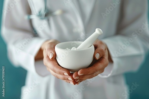 close up of a pharmacist in a white coat holding a mortar and pestle in hands