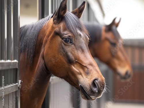 Two horses are standing in a pen with a metal fence. One of the horses is looking at the camera