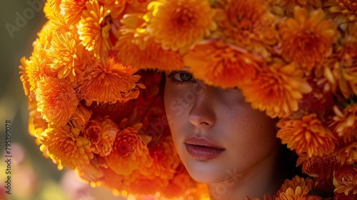 fashionable portrait of an young woman with bright orange flower hair. Beautiful girl with natural makeup on her face . Close-up portrait of an girl with flower pot cap, copy space