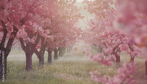 A beautiful pink field of cherry blossoms