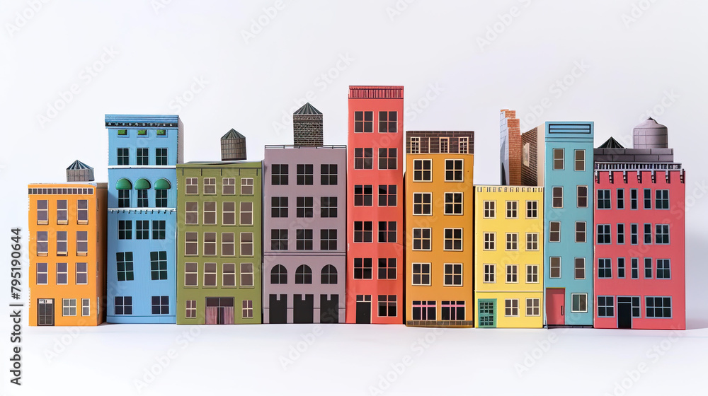 a set of buildings in all different colors are shown