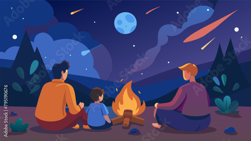 A family sits around a crackling campfire discussing the wonders of the universe while observing a meteor shower.