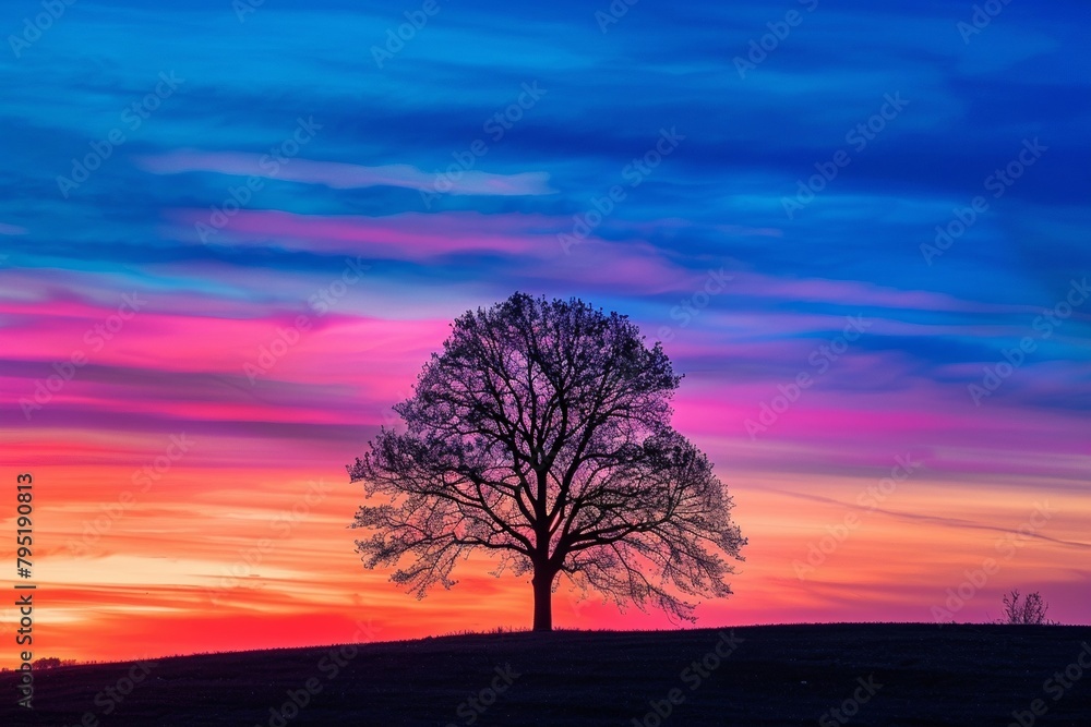 The silhouette of the trees contrasts with the colorful sunset.