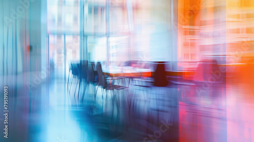 A blurry image of a room with chairs and tables