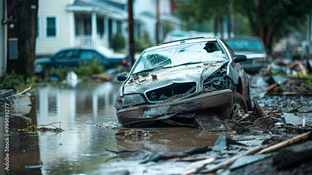 Obraz premium Wrecked, silver car lies abandoned in a flooded street, with debris and damaged homes in the background.